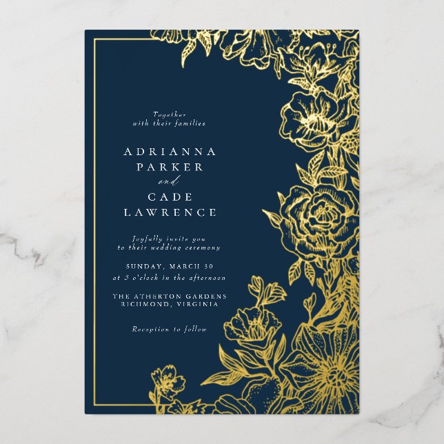 Invitation En Aluminium Floral bleu marine et or | Mariage classique (Recto)