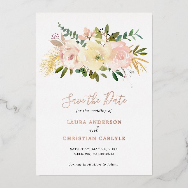 Invitation En Aluminium Floral Blush Rose Élégant Mariage Enregistrer La D (Recto)