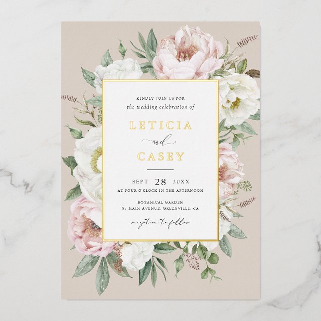 Invitation En Aluminium Floral Blush White Peony Elegant Mariage Gold Foil (Recto)
