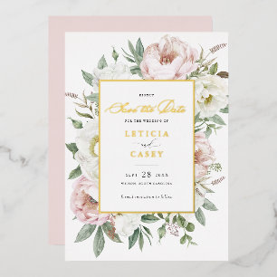 Invitation En Aluminium Floral Blush White Peony Gold Foil Enregistrer la