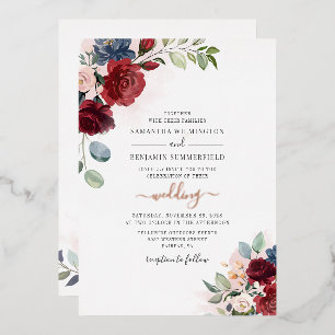 Invitation En Aluminium Floral Bourgogne Botanique Script Mariage or Rose