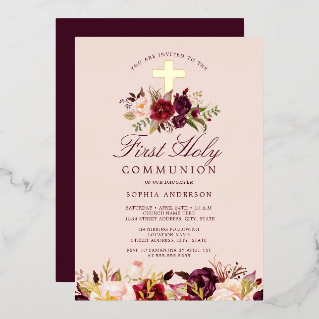 Invitation En Aluminium Floral Bourgogne Croix Filles Première Communion (Recto/Verso)