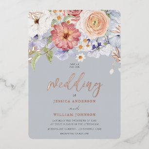 Invitation En Aluminium Floral coloré Dusty Mariage bleu Rose or
