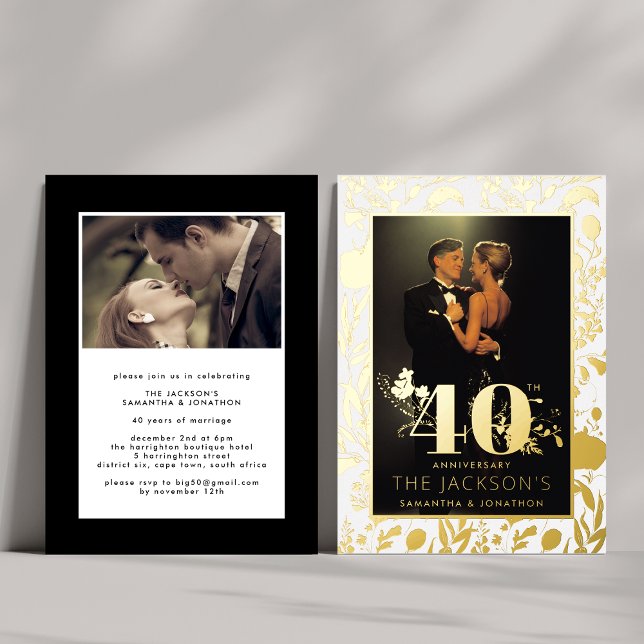 Invitation En Aluminium Floral d'or moderne Formal 40ème anniversaire Mari (Créateur téléchargé)