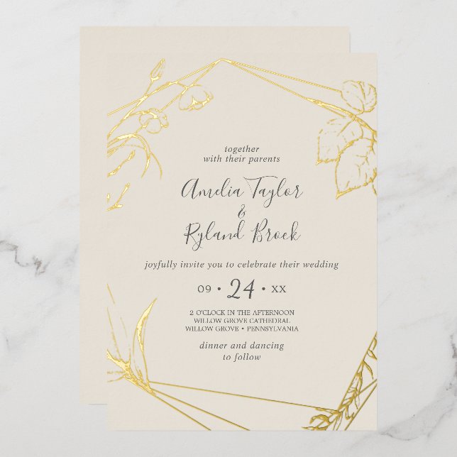 Invitation En Aluminium Floral doré | Gold Foil Cream Mariage avant (Recto/Verso)
