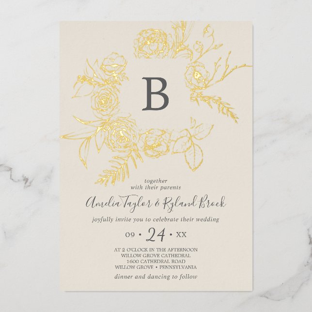 Invitation En Aluminium Floral doré | Gold Foil Cream Monogram Mariage (Recto)