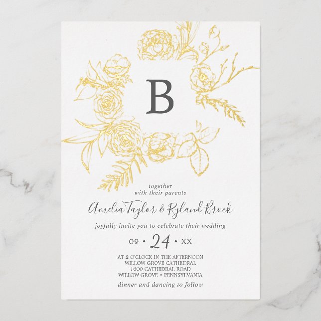 Invitation En Aluminium Floral doré | Mariage de monogramme Gold Foil (Recto)