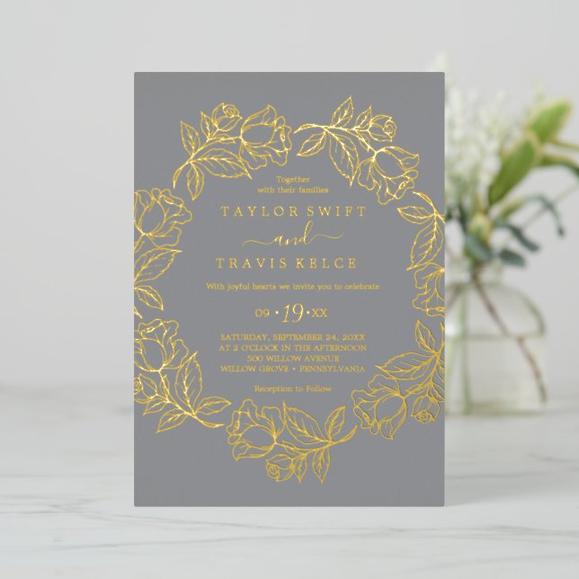 Invitation En Aluminium Floral doré | Mariage Décontracté Gold Foil (Debout devant)