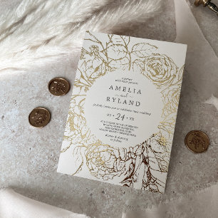 Invitation En Aluminium Floral doré   Mariage Décontracté Gold Foil Cream