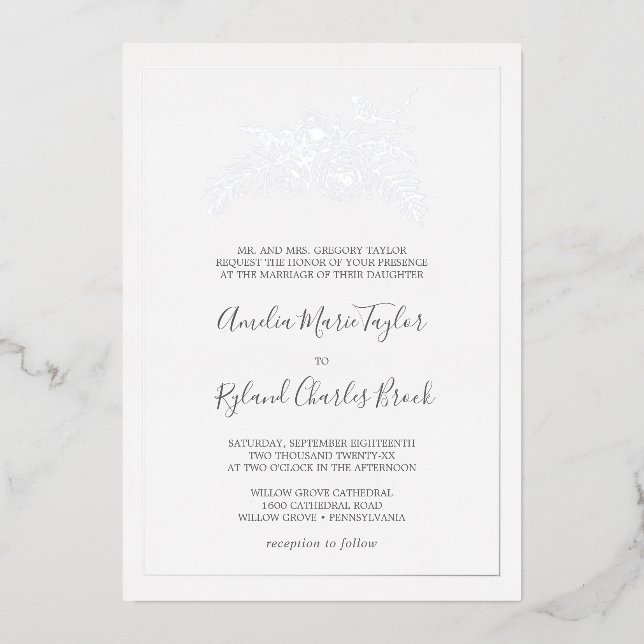 Invitation En Aluminium Floral doré | Mariage officiel de l'huile d'argent (Recto)