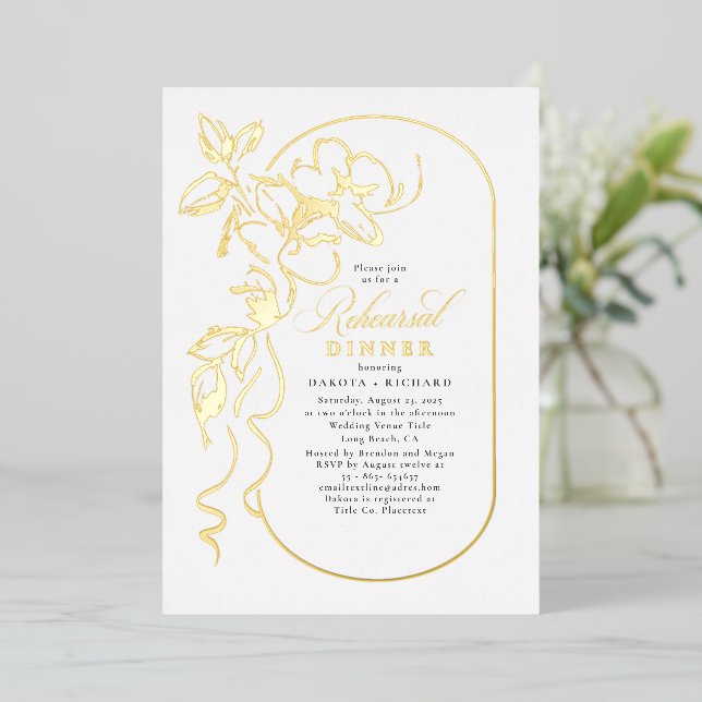 Invitation En Aluminium Floral Elegant Chic Rehearsdîner Or (Debout devant)