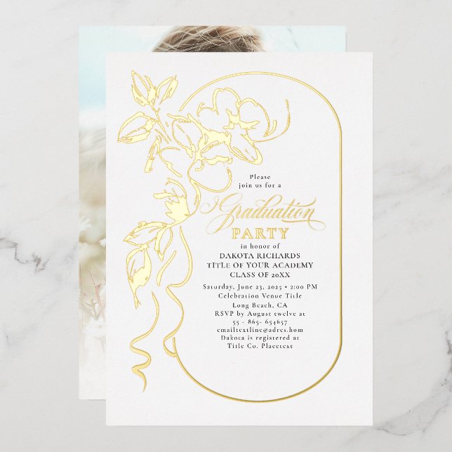 Invitation En Aluminium Floral Elegant Graduation Party Photo Gold (Recto/Verso)