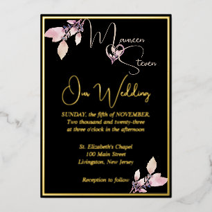 Invitation En Aluminium Floral Elegant Mariage noir or