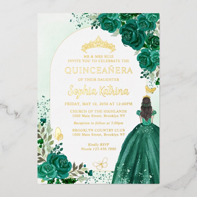 Invitation En Aluminium Floral Emerald Green Princesse Anniversaire Quince (Recto)