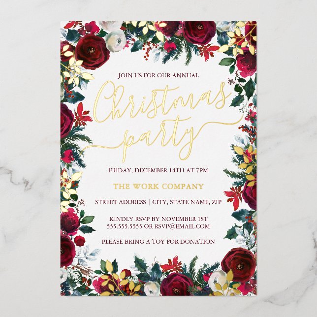 Invitation En Aluminium Floral Feuille Entreprise Noël Party Gold (Recto)