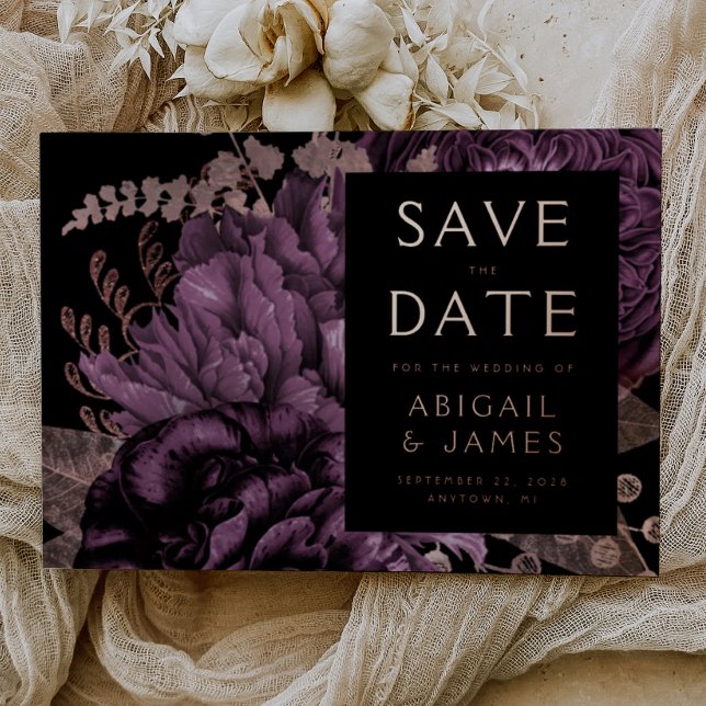 Invitation En Aluminium Floral foncé violet rose Or mariage Enregistrer la (Créateur téléchargé)