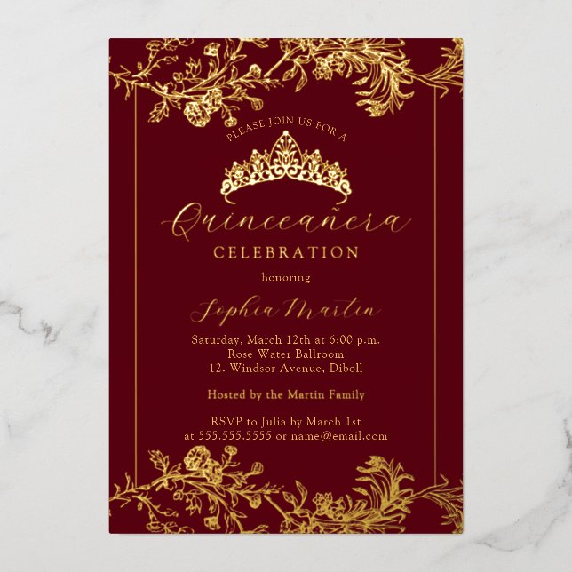 Invitation En Aluminium Floral Gold Bourgogne Vintage Quinceanera (Recto)