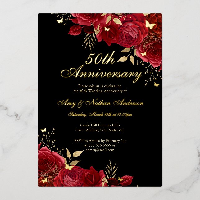 Invitation En Aluminium Floral Gold Red 50e anniversaire Mariage (Recto)