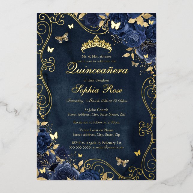 Invitation En Aluminium Floral Gold Swirl Butterfly Navy Quinceanera (Recto)