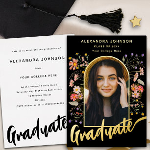 Invitation En Aluminium Floral Graduate Photo Script Graduation Party Gold