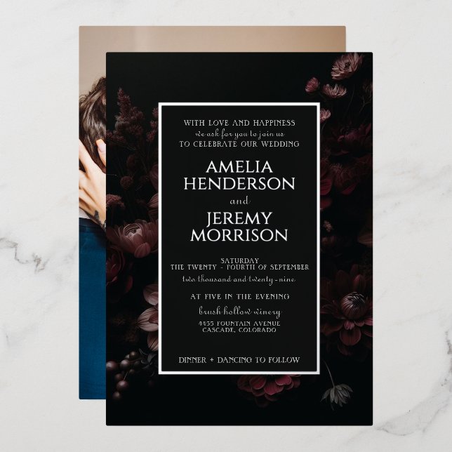 Invitation En Aluminium Floral Moody Bourgogne avec photo (Recto/Verso)
