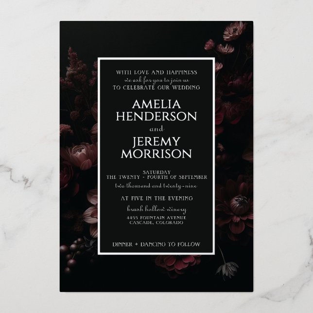 Invitation En Aluminium Floral Moody de Bourgogne (Recto)