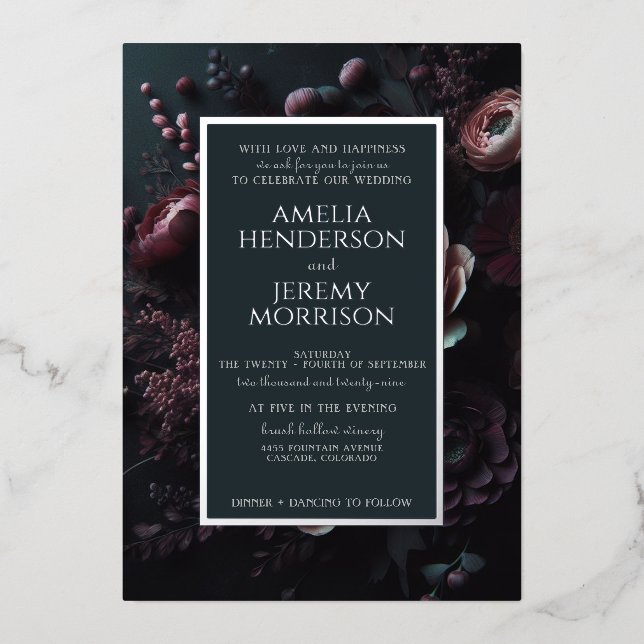 Invitation En Aluminium Floral Moody foncé (Recto)