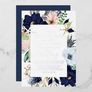 Invitation En Aluminium Floral nautique moderne Mariage Silver Foil