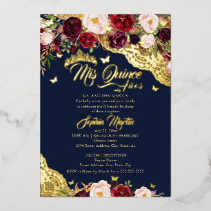 Invitation En Aluminium Floral Navy Bourgogne Or Broderie Quinceanera
