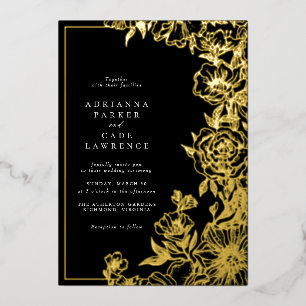 Invitation En Aluminium Floral noir et or   Mariage Moody Formal