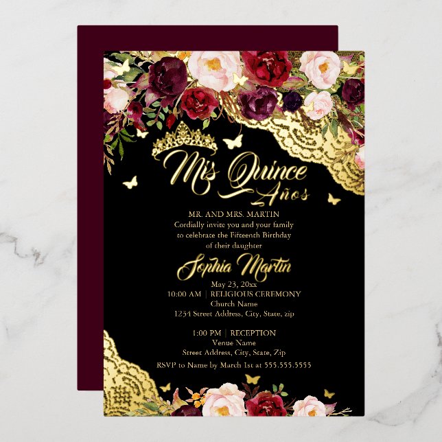 Invitation En Aluminium Floral Or Bourgogne papillon dentelle Quinceanera (Recto/Verso)