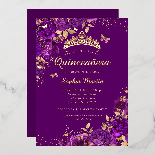 Invitation En Aluminium Floral Papillon pourpre Gold Quinceanera (Recto/Verso)
