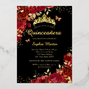 Invitation En Aluminium Floral Papillon rouge Élégant Quinceanera Or