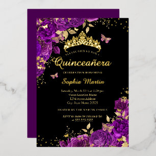 Invitation En Aluminium Floral Papillon violet Or Élégant Quinceanera