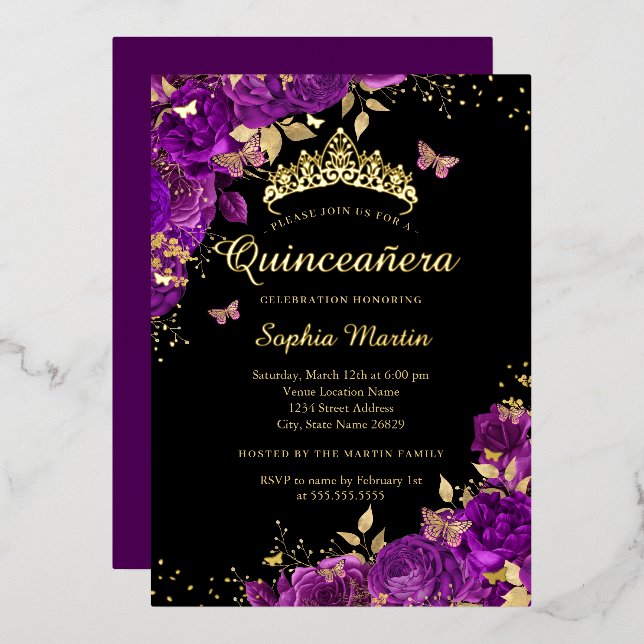 Invitation En Aluminium Floral Papillon violet Or Élégant Quinceanera (Recto/Verso)