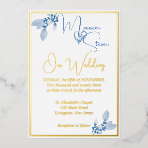 Invitation En Aluminium Floral Pastel Blue Mariage Gold