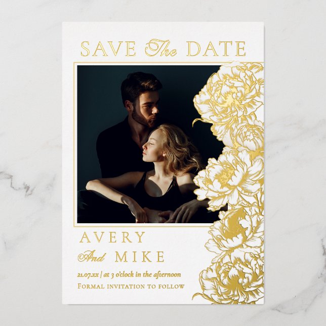 Invitation En Aluminium Floral Peonies Blanc Golden Photo Enregistrer la d (Recto)