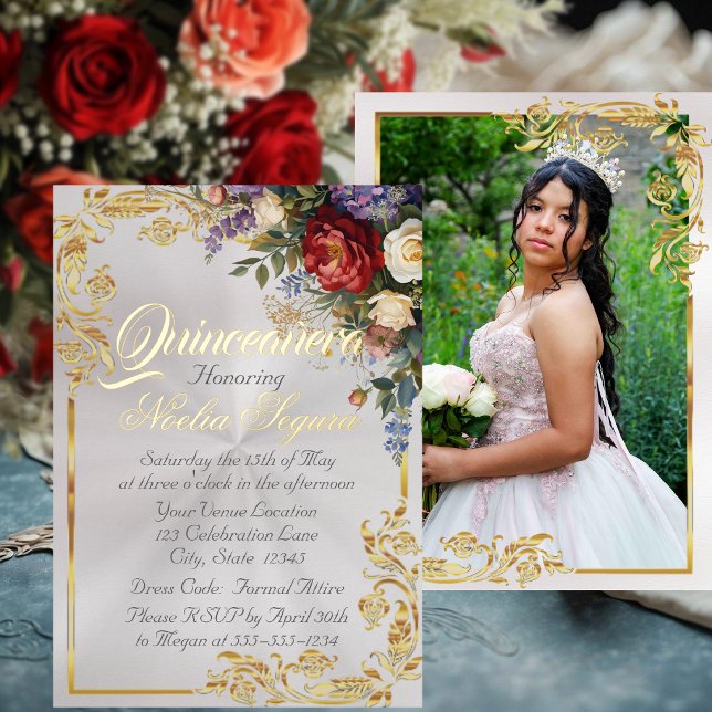 Invitation En Aluminium Floral, Photo & Gold Frame - Pearl2 Quinceanera  (Créateur téléchargé)