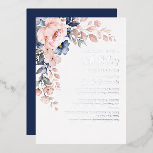 Invitation En Aluminium Floral rose 80e anniversaire fête Argent