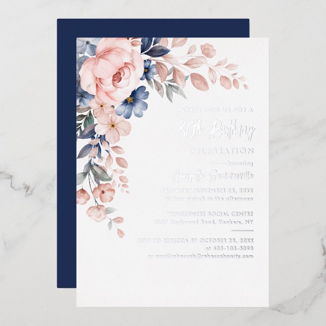 Invitation En Aluminium Floral rose 80e anniversaire fête Argent (Recto/Verso)