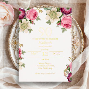 Invitation En Aluminium Floral rose 90e Anniversaire Or