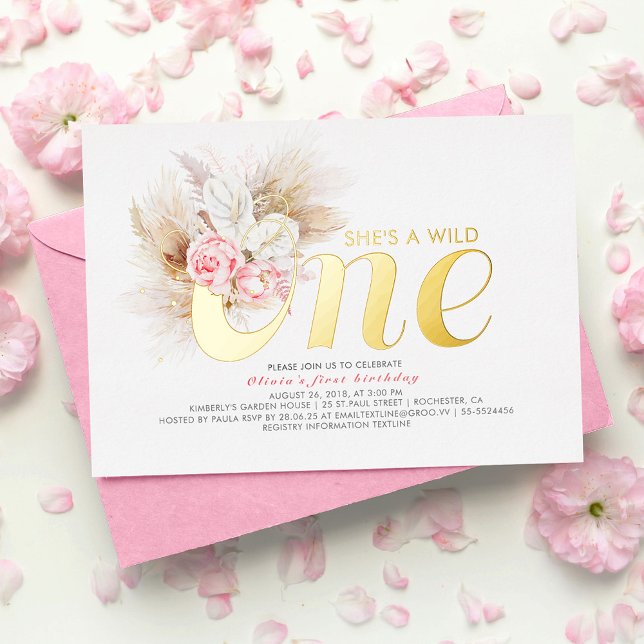 Invitation En Aluminium Floral rose C'est un sauvage 1er anniversaire réel (Créateur téléchargé)