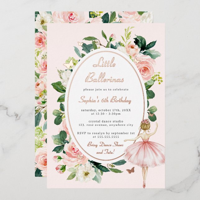 Invitation En Aluminium Floral Rose Gold Butterfly Ballerina Anniversaire  (Recto/Verso)
