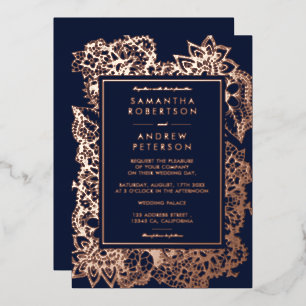 Invitation En Aluminium Floral rose or marine bleu mariage