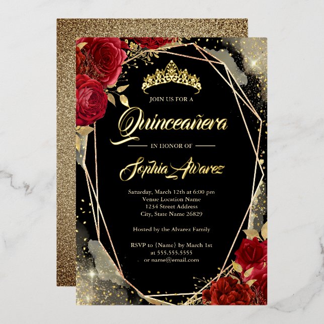 Invitation En Aluminium Floral Rose Rouge Or Noir Tiara Quinceanera (Recto/Verso)