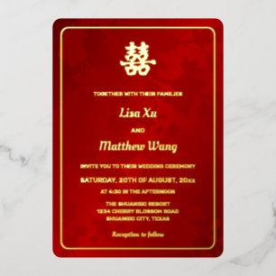 Invitation En Aluminium Floral Rouge or Mariage chinois