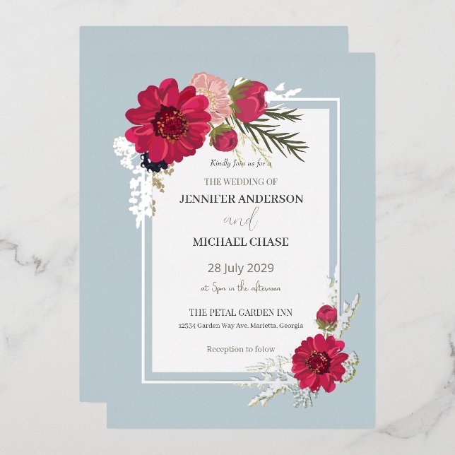 Invitation En Aluminium Floral Rouge Vert Mariage (Recto/Verso)