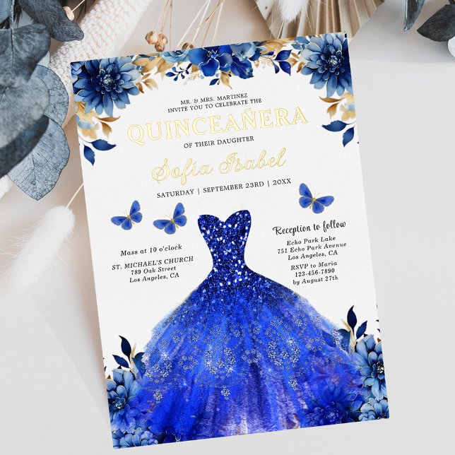 Invitation En Aluminium Floral Royal Blue Butterfly Princess Quinceanera (Créateur téléchargé)
