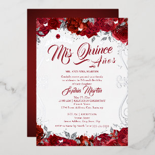 Invitation En Aluminium Floral Rubis Argent Rouge Mes Quinze Ans Quinceane