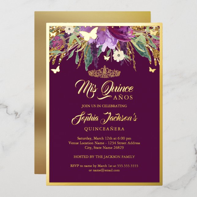 Invitation En Aluminium Floral Sparkling Amethyst Quinceanera Anniversaire (Recto/Verso)